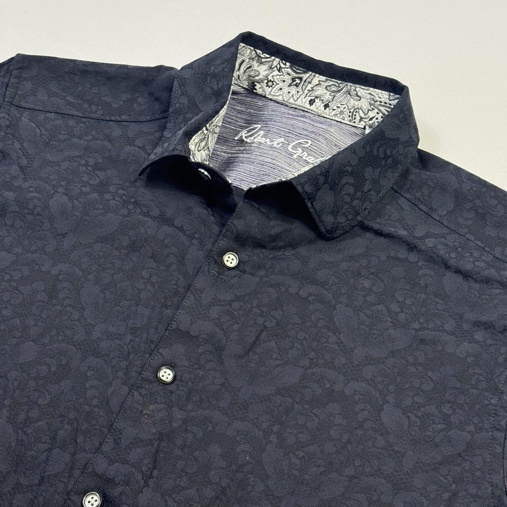 Robert Graham Shirt Mens Medium Black Floral Jacquard Short Sleeve Button Up